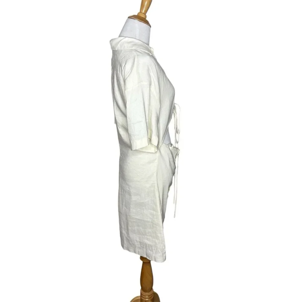 ZARA White Mini Cut Out Short Sleeve Collar Linen Blend Dress Size XL NWOT